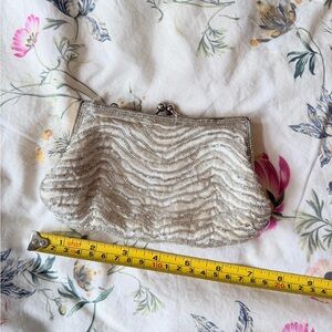 Cache Elegant Silver and White Beaded Clutch